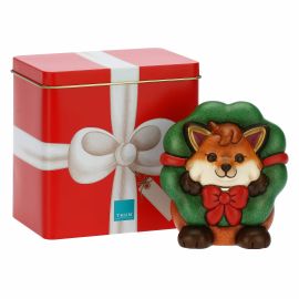 Grace the Fox with wreath and tin box