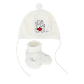 THUN & OVS Pepito the Raccoon white hat and booties in organic cotton