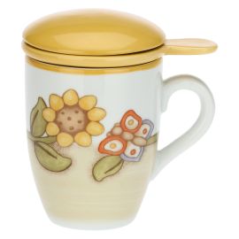 Country porcelain herbal tea mug with sunflower and butterfly