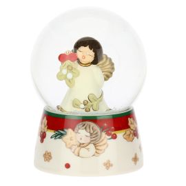 Glass and ceramic boule de neige angel with mistletoe, medium