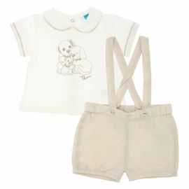 Cream and beige t-shirt and shorts, 6-9 months