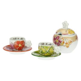Set of 2 pink and green Happy coffee cups with sugar bowl