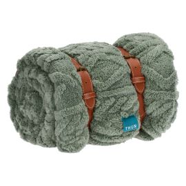 Jacquard coral fleece blanket with faux leather handles