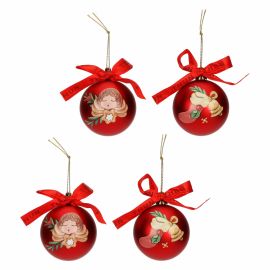 Set of 4 red polyester Christmas balls, small