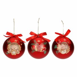 Set of 3 red polyester Christmas balls, large