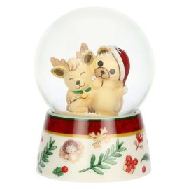 Desideri di Natale resin, ceramic and glass snow globe with Teddy riding Robin Reindeer, medium