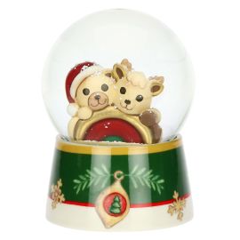 Desideri di Natale resin, ceramic and glass snow globe with Teddy and Robin Reindeer with rainbow, large