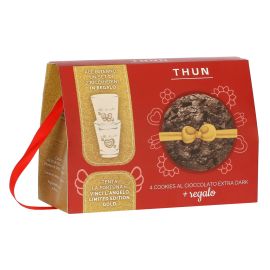 Set regalo con 4 cookies cioccolato fondente e set 2 bicchierini Gold Icon