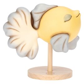 Yellow and blue ceramic fish on pedestal, medium