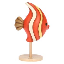Red and yellow ceramic fish on pedestal, medium